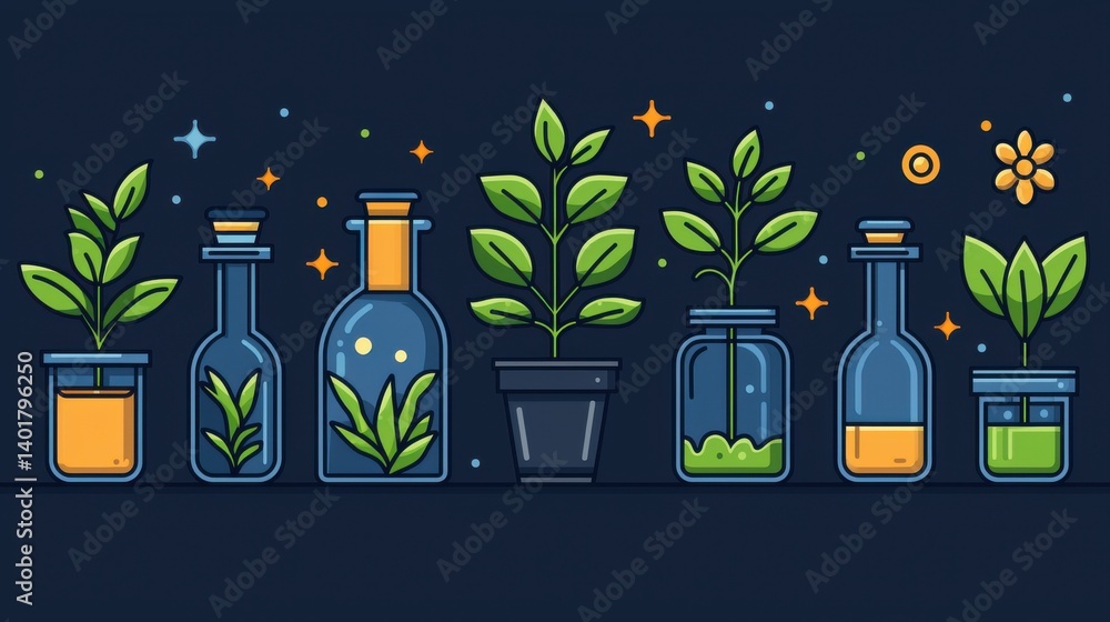 Poster a set of simple minimalist line icons depicting various botanical and scientific concepts on a dark 