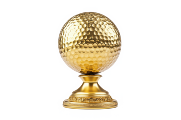 A golden sphere with dimples on a decorative golden pedestal base