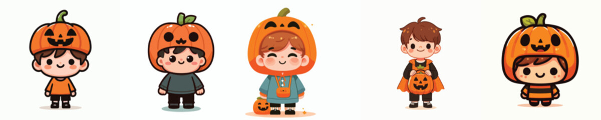 cute vector collection of boys wearing pumpkin costumes