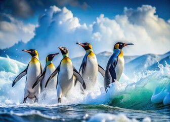 Fototapeta premium King Penguin Surfing Antarctic Waves: Majestic Wildlife Photography