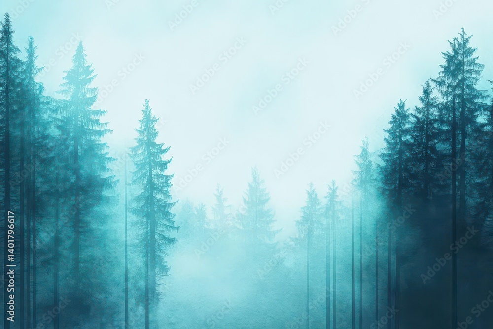 Poster mysterious forest enveloped in thick fog with towering trees creating an enigmatic and ethereal atmo