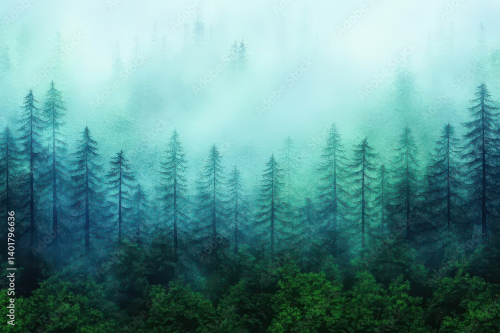 Poster mysterious forest enveloped in thick fog with towering trees creating an enigmatic atmosphere of tra