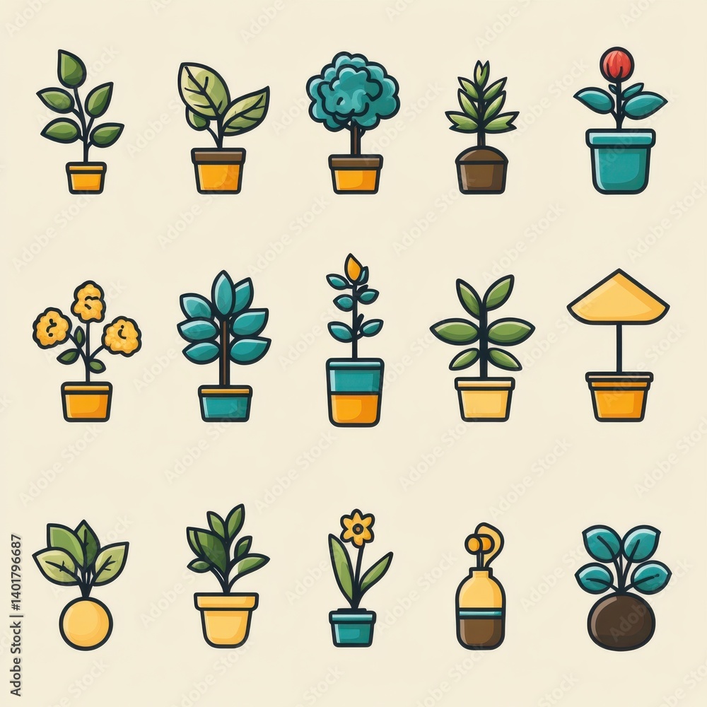 Poster this image features a set of minimalist outline style icons showcasing different types of potted pla