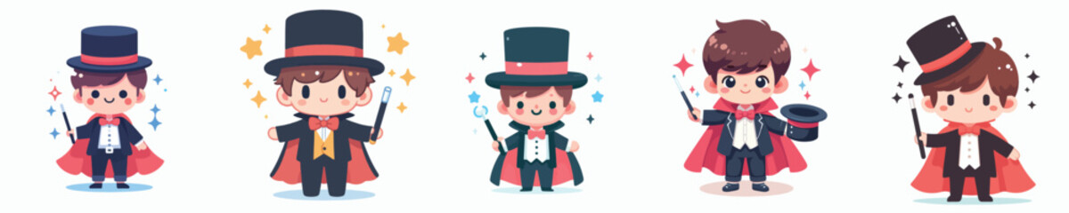 collection of cute vectors of boys wearing magician costumes
