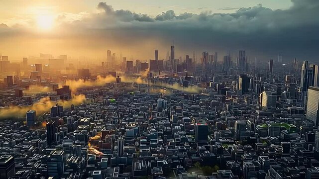 Aerial View of Urban Cityscape with Skyscrapers and Golden Sunset Lighting

