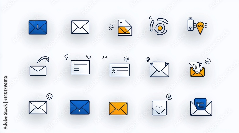 Poster a set of clean minimalist icons representing various aspects of email and letter based communication