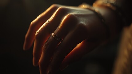A young woman hand with a gold ring on her finger