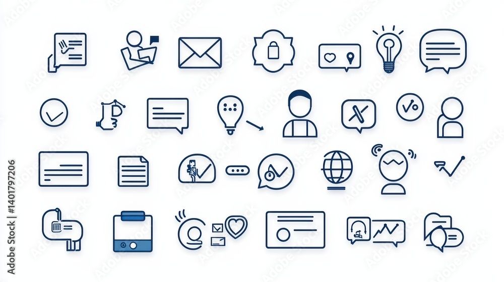 Poster this image depicts a comprehensive set of outline icons representing various elements of support and