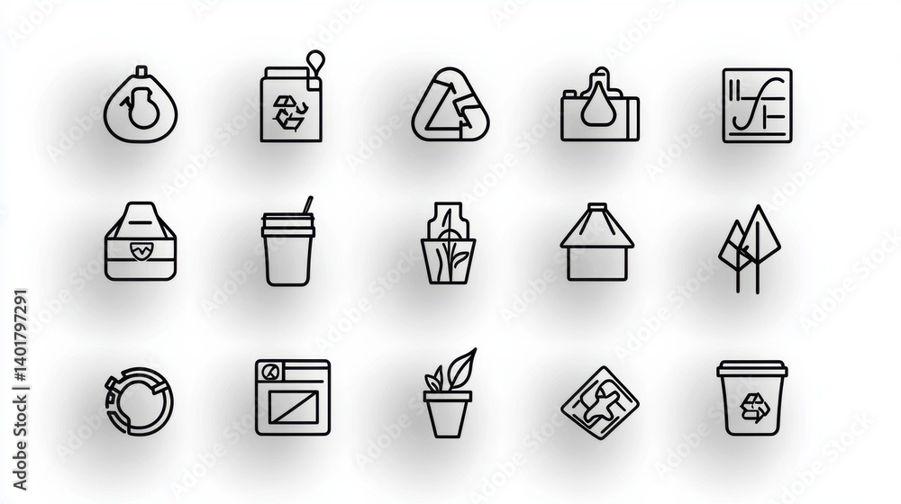 Poster set of outline icons representing various aspects of sustainable living and waste reduction such as 