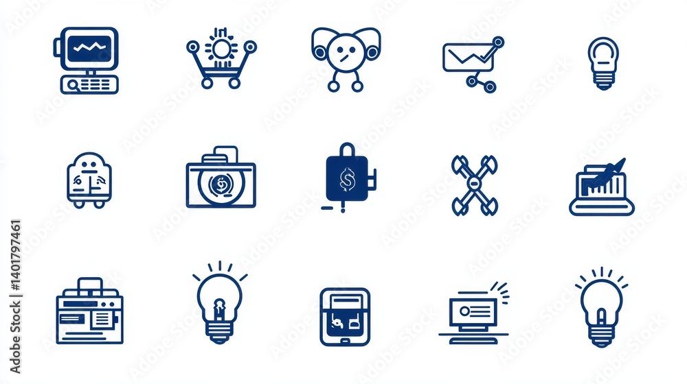 Poster this image contains a set of thin line icons representing various financial technology tools and con