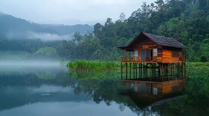 Naklejka premium Tranquil Wooden Cabin by Serene Lake Surrounded by Lush Greenery
