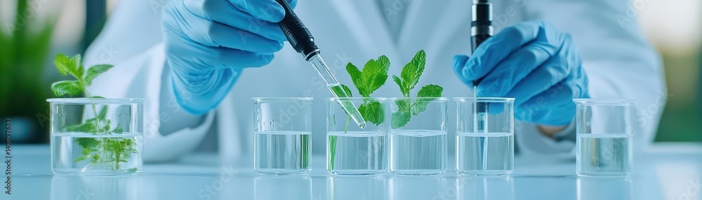 Poster focused scientist in laboratory conducting experiments with test tube and pipe surrounded by scienti