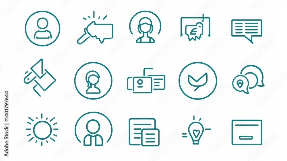 Poster a collection of thin line icons representing various aspects of communication dialogue and social in