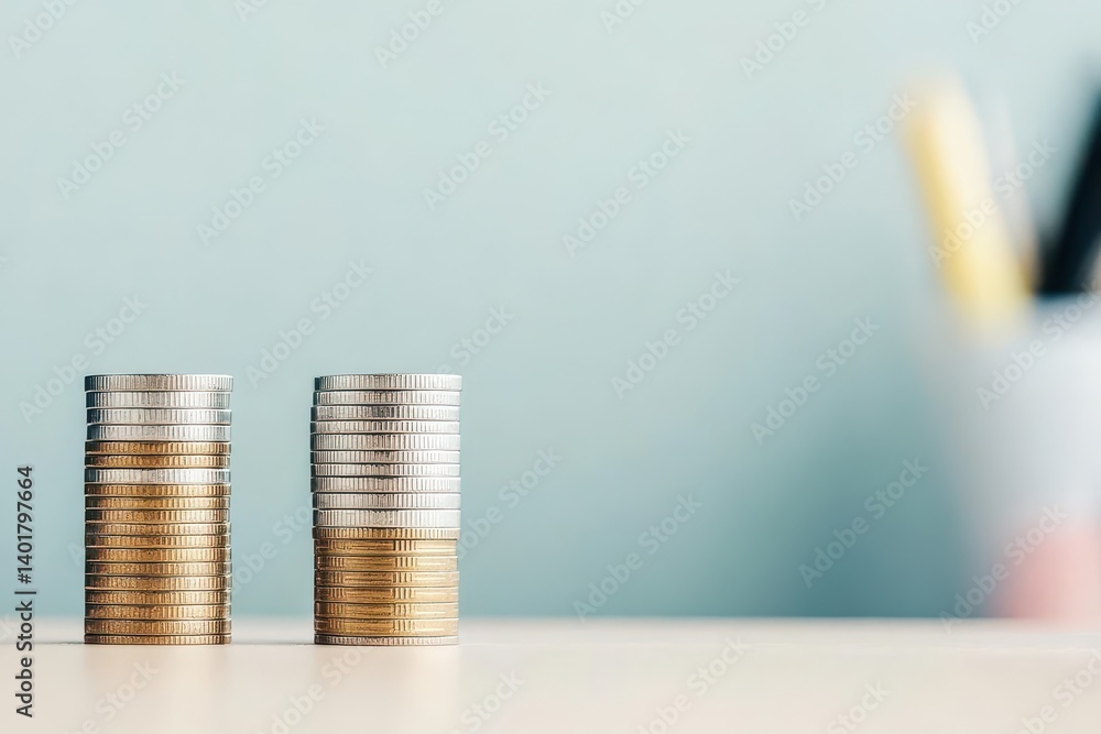 Poster piled stacks of coins on a wooden table creating a financial theme with rich texture and depth symbo