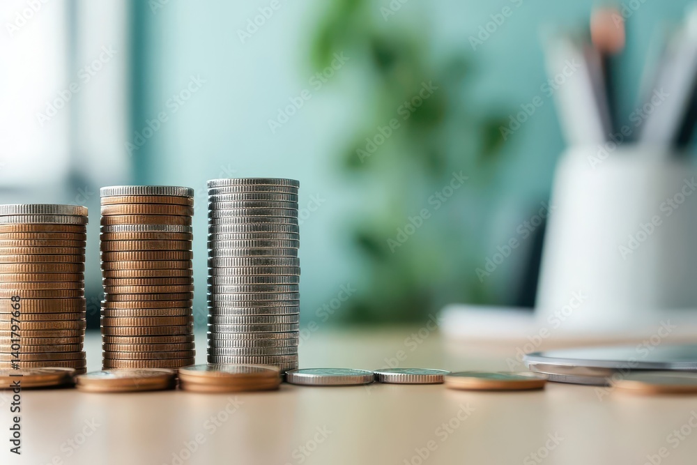 Poster stacks of gleaming coins arranged neatly on a wooden table creating a sense of wealth abundance and 