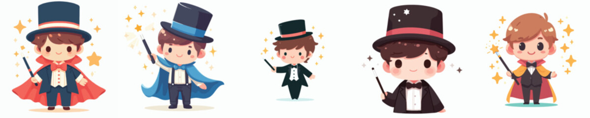 collection of cute vectors of boys wearing magician costumes

