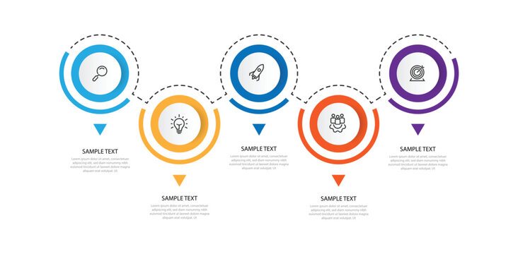 5 step circle infographic template with line direction can be used for workflow, business information and web graphic design 