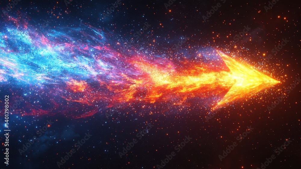 Poster a vibrant and dynamic cosmic arrow radiating with a spectrum of brilliant hues and electrifying ener