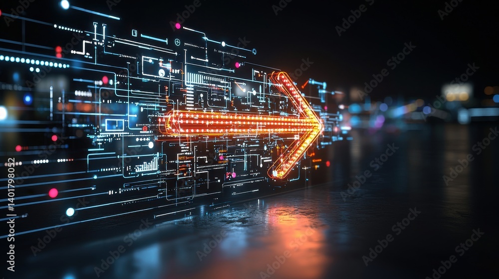 Poster a futuristic digital image depicting an upward pointing arrow composed of vibrant glowing lines and 