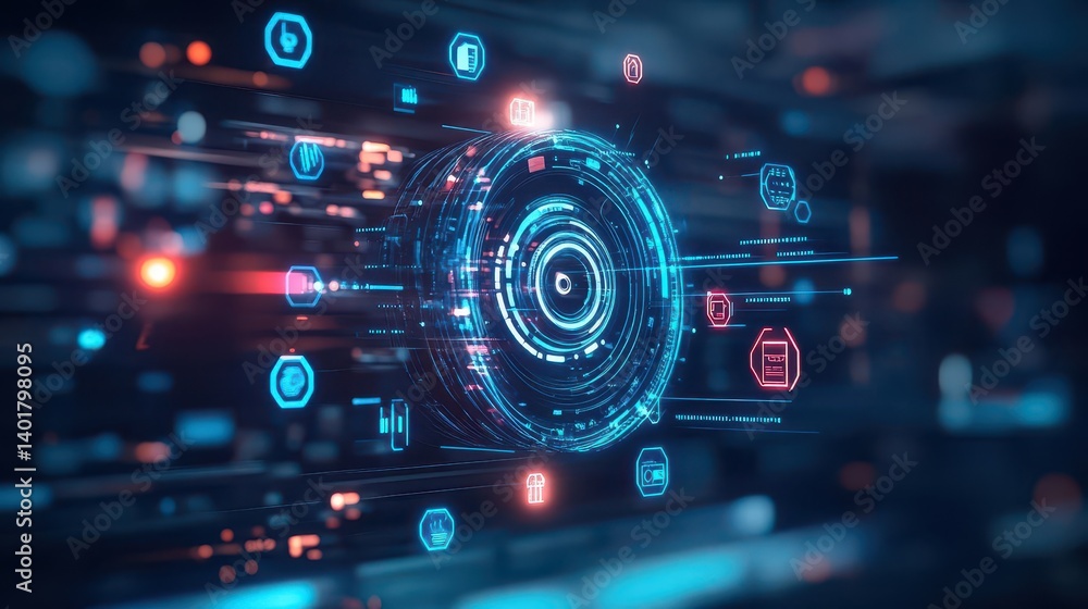 Poster futuristic interface featuring circular design with multiple icons and vibrant colors highlighting m