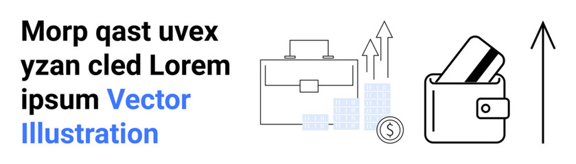 Business team analyzing data for financial growth and success. Briefcase, bar graphs, wallet, and upward arrows representing investments, profit, and economic trends. Ideal for finance, marketing