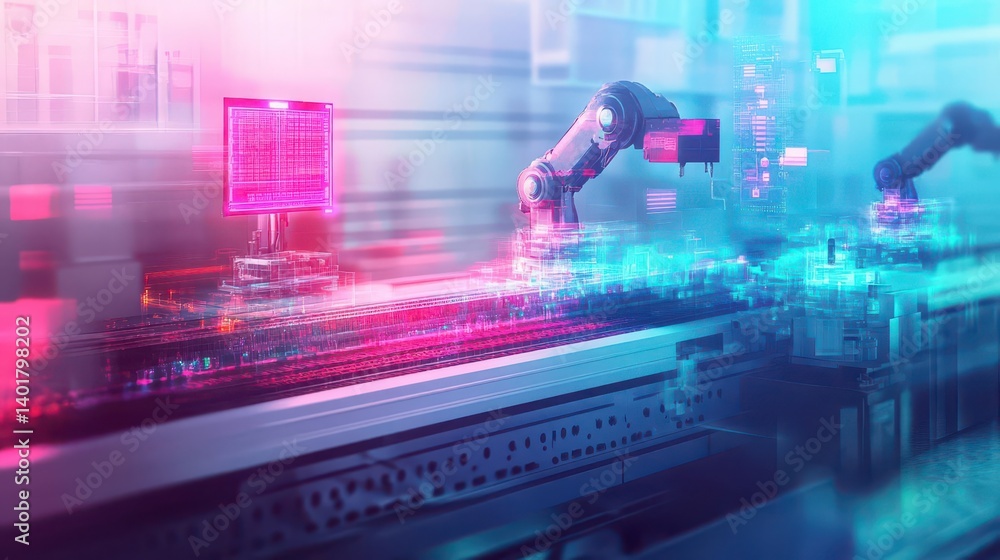 Poster futuristic cityscape with a robot standing on a computer in a high-tech environment showcasing innov