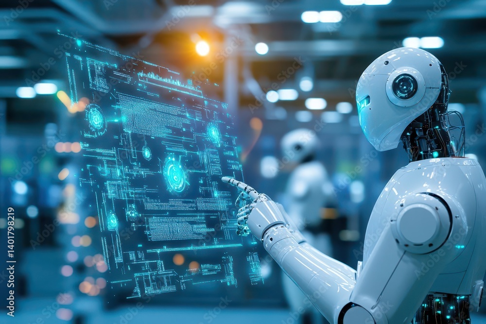 Poster futuristic robot holding a high-tech tablet with intricate circuit board design reflecting innovatio