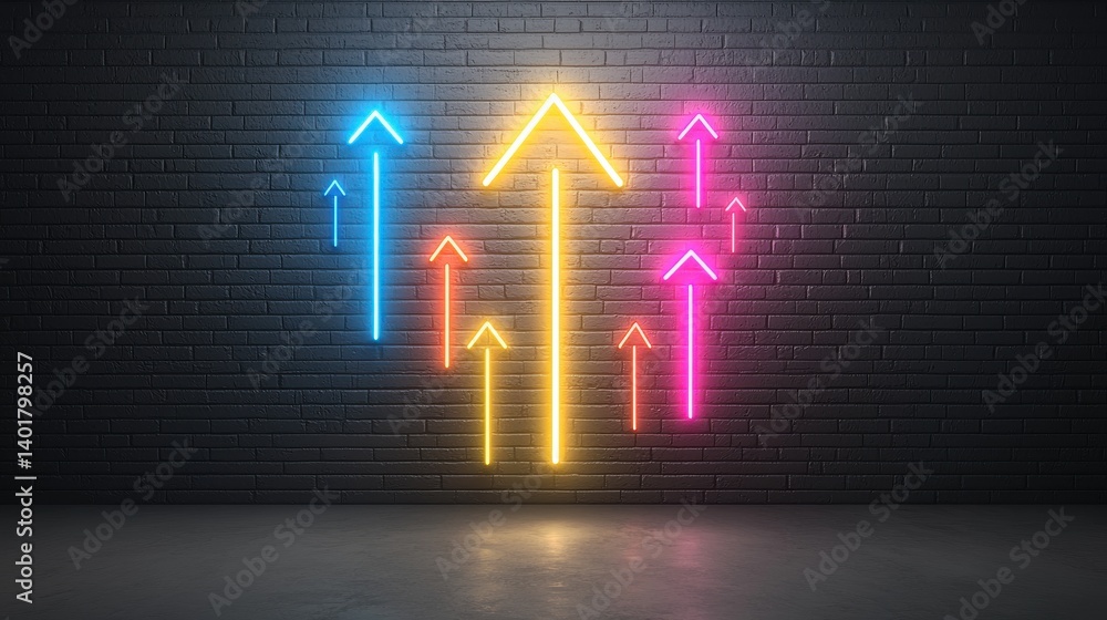 Poster upward pointing arrows illuminated by vibrant neon lights creating a dynamic and futuristic visual d