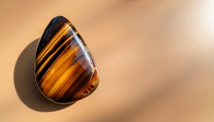 Obraz premium サンドベージュの穏やかな背景に、隅にタイガーアイがひと粒だけ輝き、金運と行動力を引き寄せる力強い印象を与えるシンプルなデザイン