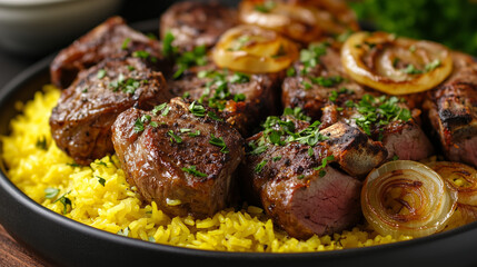 Grilled Lamb Chops with Yellow Rice Topped with Parsley and Caramelized Onions on Plate