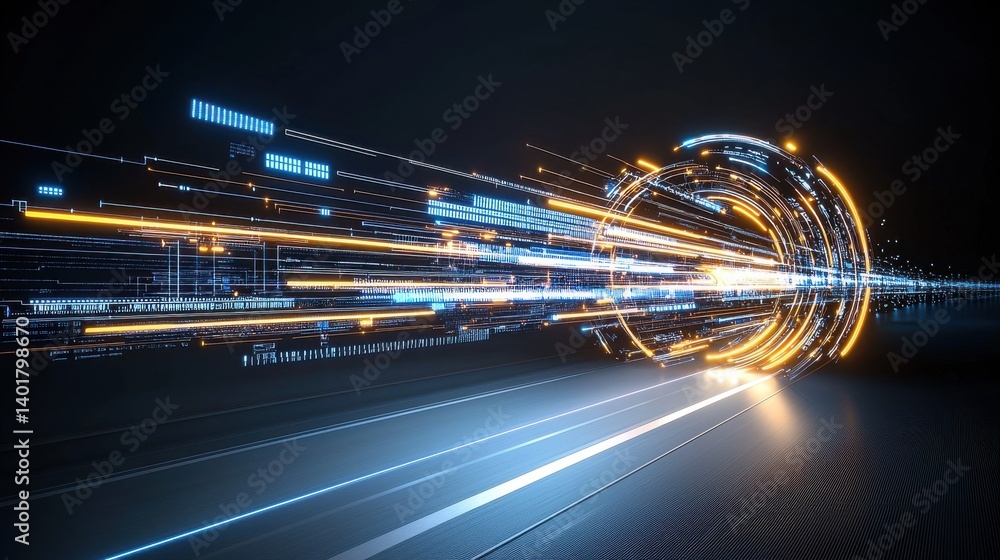 Poster a vibrant luminous arrow of light surging forward with a dynamic accelerating sense of momentum and 