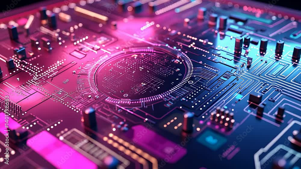 Poster close-up of high-tech circuit board with neon lights and microchips in digital environment