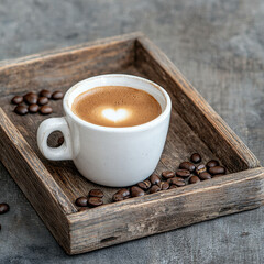 A close up of cup of coffee with heart latte art in rustic wooden tray, surrounded by coffee beans