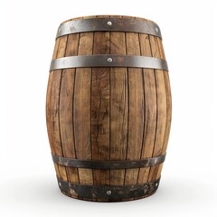 Obraz premium A wooden barrel with metal bands, often used for storing liquids like wine or whiskey. isolated on white background