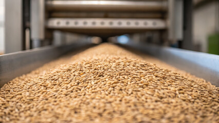 Craft beer manufacturing involves careful selection of grains, showcasing close up view of barley grains on conveyor belt