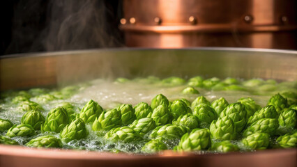 Craft beer manufacturing involves boiling fresh hops in large copper kettle, creating rich aroma and flavor