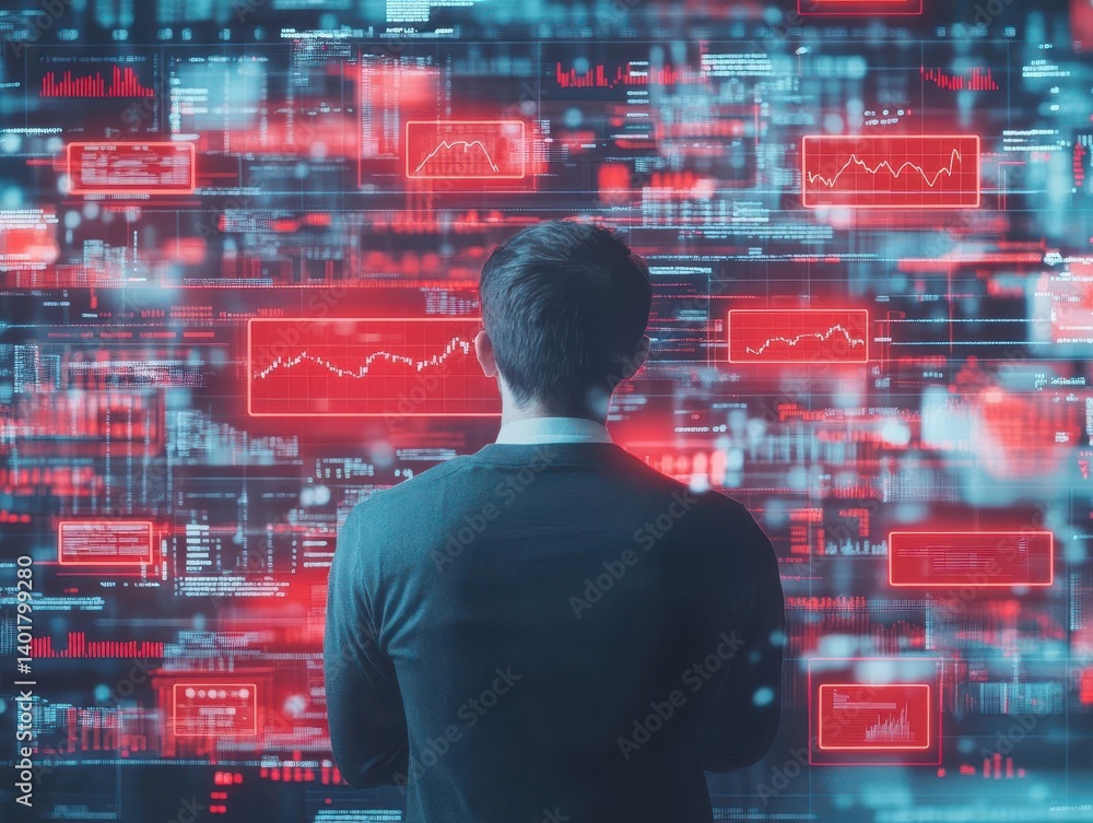 Aufkleber man analyzing vibrant wall of red and blue digital data display in a modern tech environment evoking