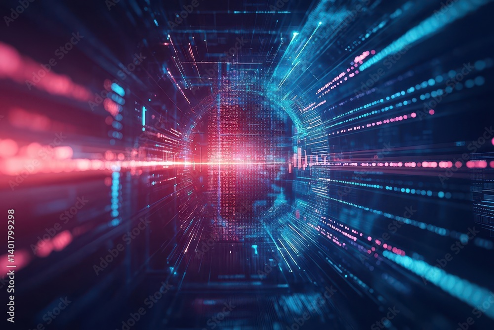 Poster futuristic tunnel illuminated by striking red and blue lights creating a dynamic and enigmatic atmos