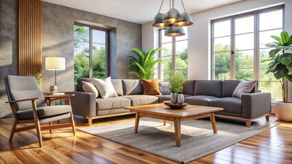 Modern Grey Sofa Living Room Design: Brown Armchair, Wooden Coffee Table, Interior Decor