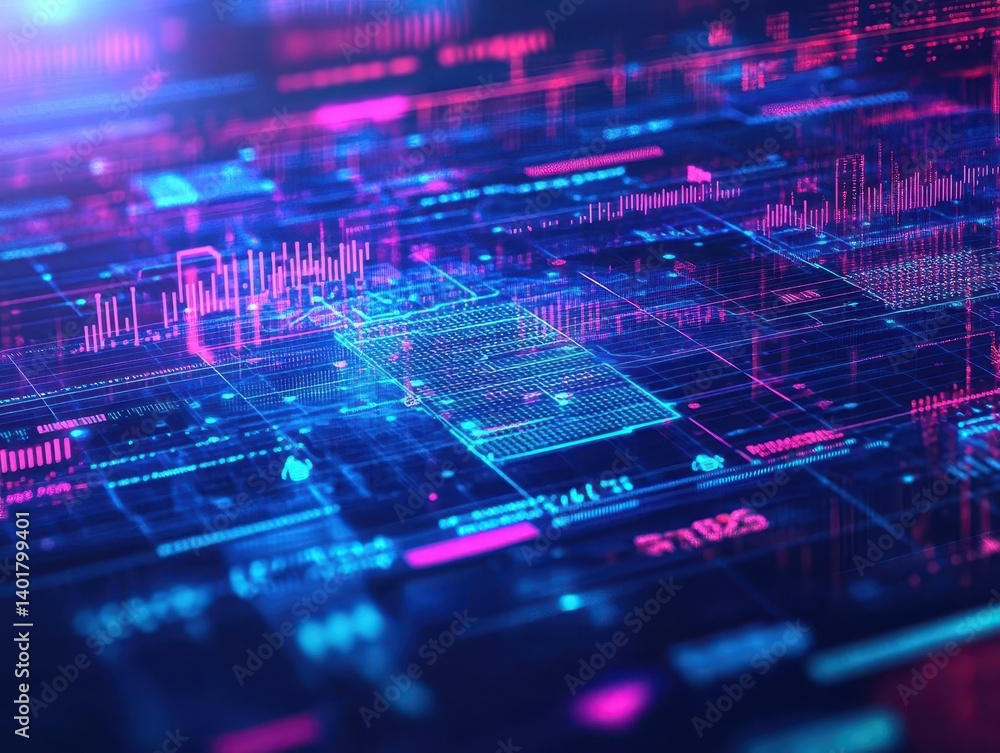 Poster vibrant computer circuitry illuminated against a striking blue and pink background showcasing the fu