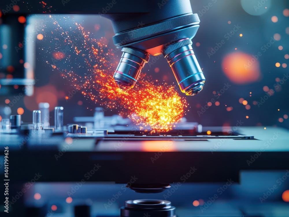 Poster microscope emitting sparks in a laboratory setting symbolizing scientific discovery and innovation w