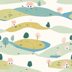 Seamless pattern collection of charming landscapes with small houses, rolling hills, and trees. Ideal for children&rsquo;s products, fabric, wallpaper, and cozy countryside themes.