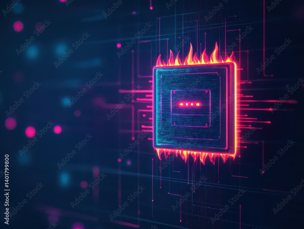 Poster futuristic computer processor emitting a brilliant glowing red flame surrounded by high-tech element