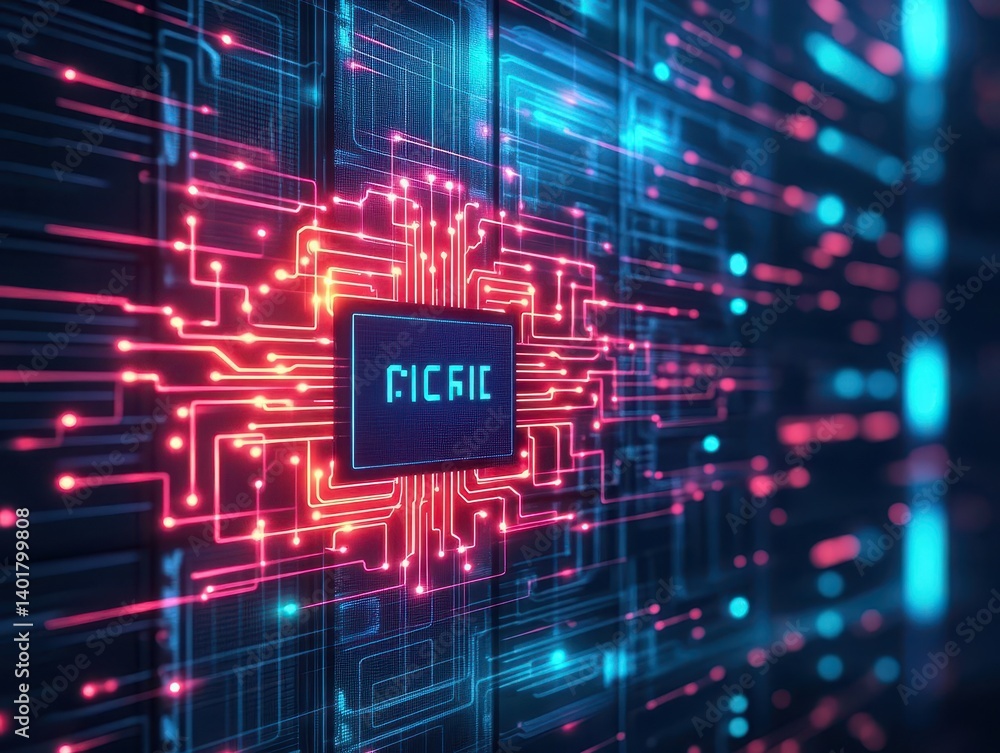 Poster intricate circuit board design featuring the letters c c e representing technology innovation and mo
