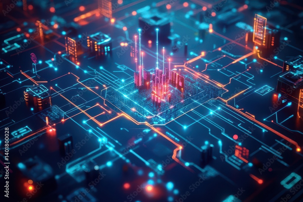 Poster futuristic cityscape at night with vibrant glowing lights and intricate circuit patterns creating a 