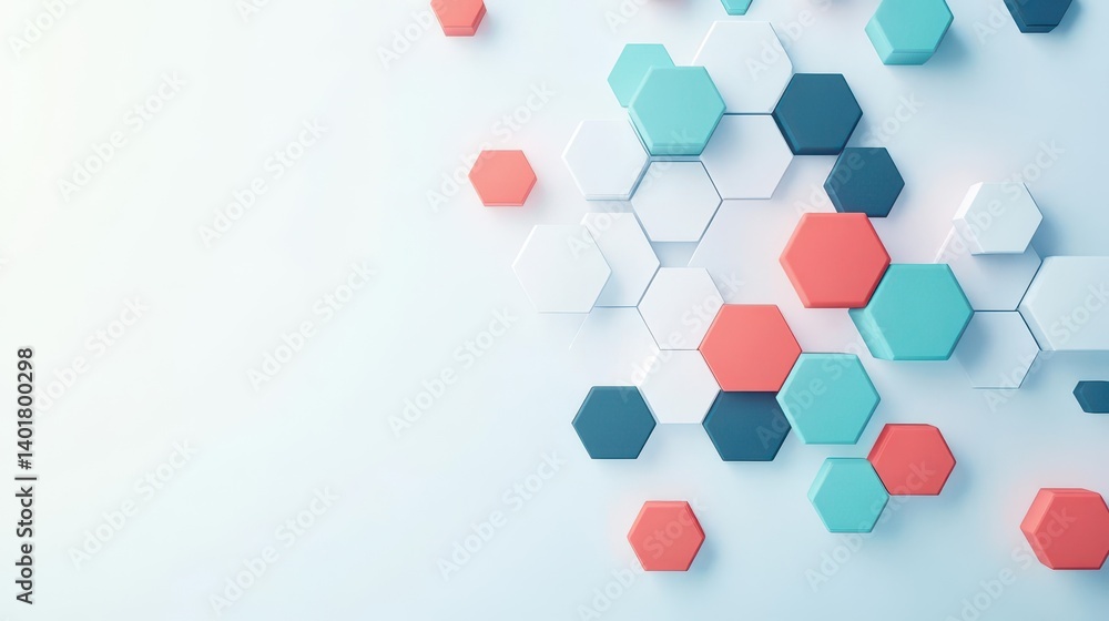 Poster vibrant arrangement of colorful hexagons on a bright blue background creating a playful and dynamic 