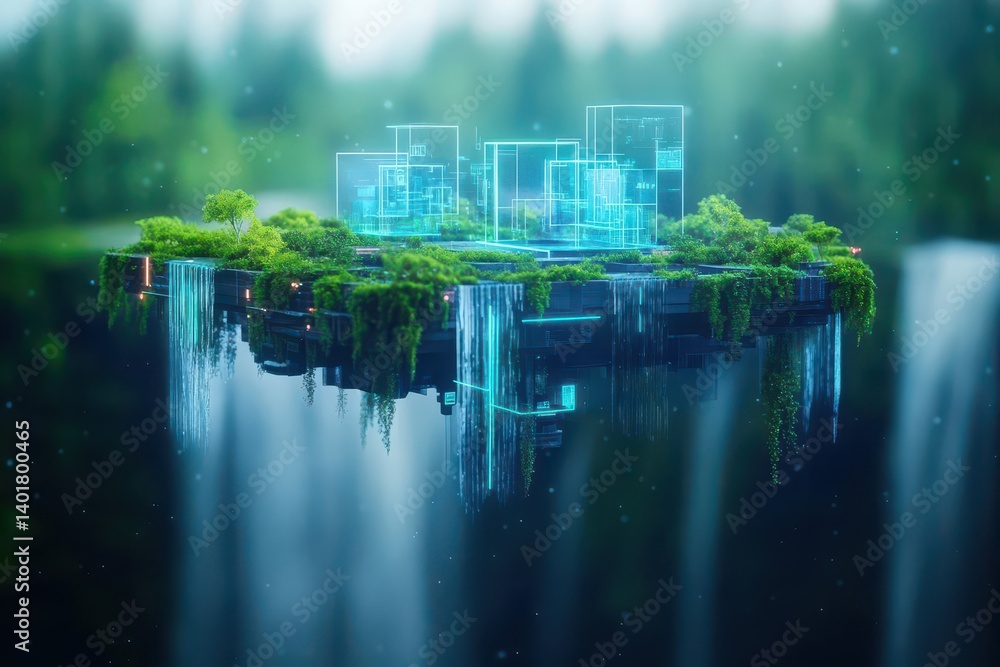 Poster enchanting floating island surrounded by lush greenery and cascading waterfall creating a dreamlike 