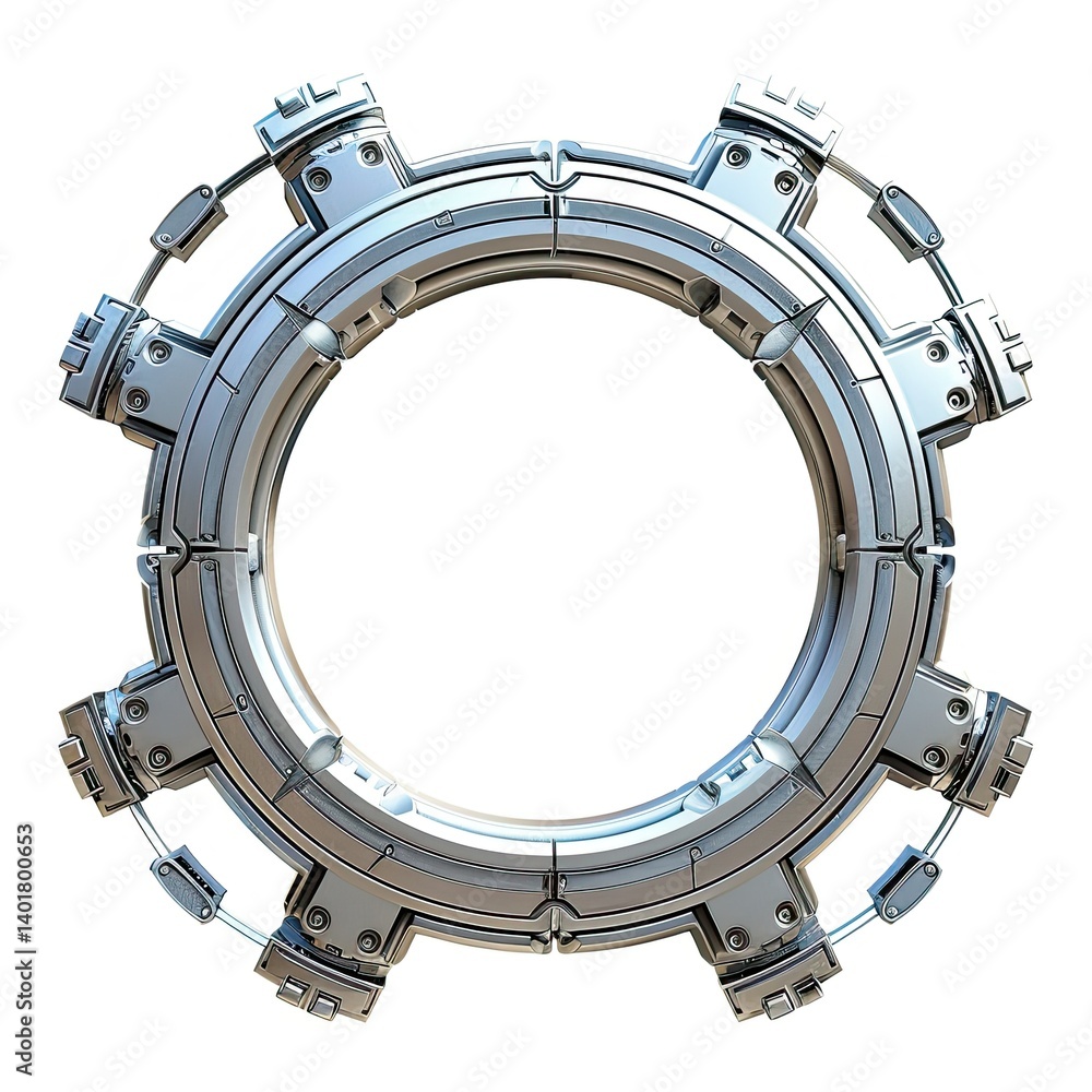 Poster a futuristic circular device with mechanical components, resembling a sci-fi portal or frame. isolat