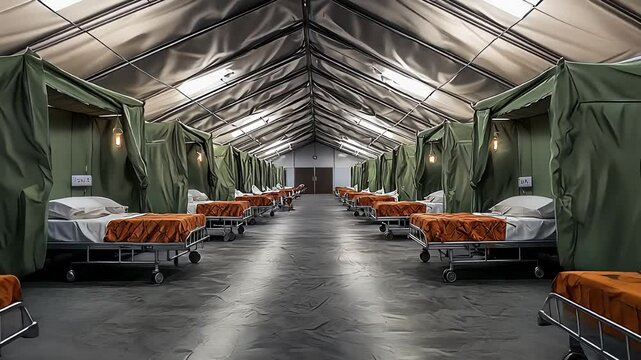 Emergency Medical Tent with Hospital Beds and Green Curtains for Temporary Healthcare Facility

