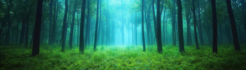Obraz premium Lush Green Forest with Vibrant Grass and Towering Trees Bathed in Soft Natural Light Creating a Tranquil and Inviting Woodland Atmosphere